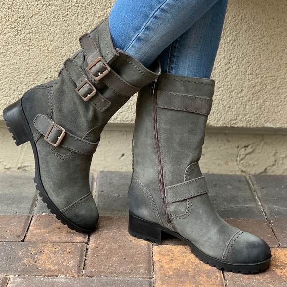 Charcoal Gray Distressed Suede Combat Moto Boots - Picture 6 of 7